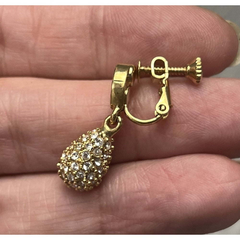 Givenchy Gold Tone 4G Logo Clip-On Earrings Pave Clear Rhinestone Teardrop - Picture 9 of 10